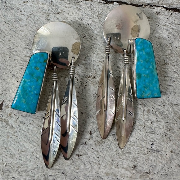 Vintage Sterling Silver Turquoise Feather Native American Earrings